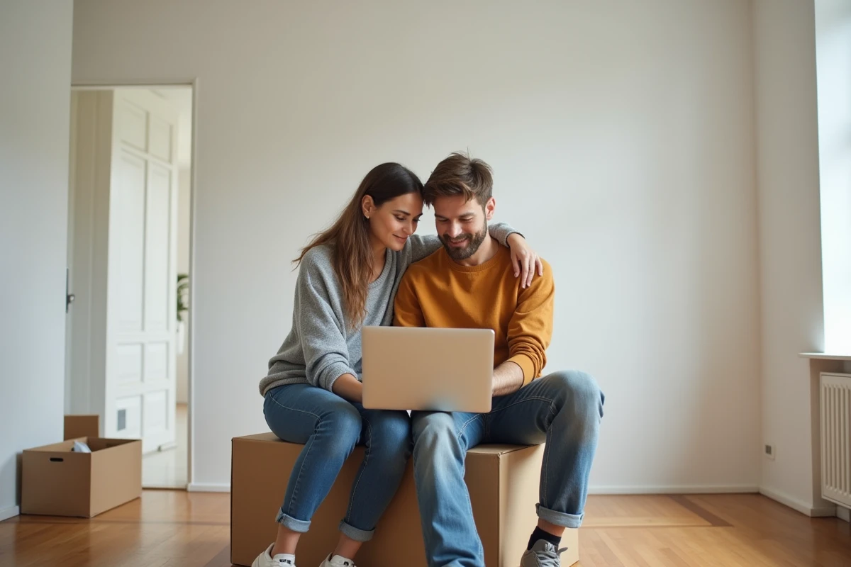 Couple consultant une offre EDF moins chère sur ordinateur portable le jour de leur emménagement dans un nouvel appartement