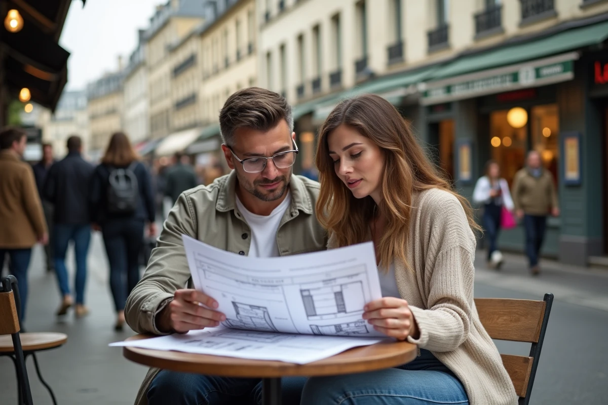 Couple étudiant un plan d'appartement et une estimation immobilière en terrasse de café à Paris avant de vendre