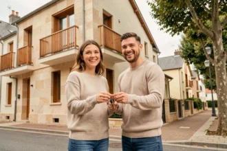 Couple de jeunes propriétaires devant un immeuble neuf en PSLA dans une ville de province française