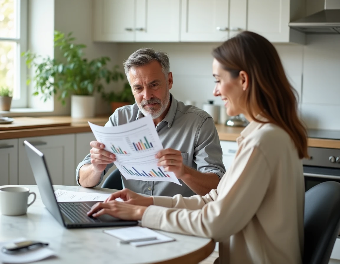 Couple étudiant un rapport d'estimation immobilière et un logiciel de valorisation de maison à la cuisine