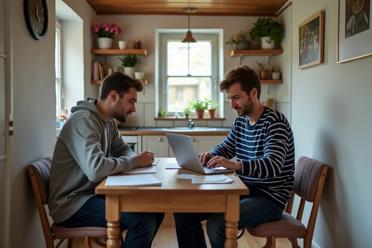Couple examinant des annonces de location dans une petite maison au Havre avec documents et ordinateur portable