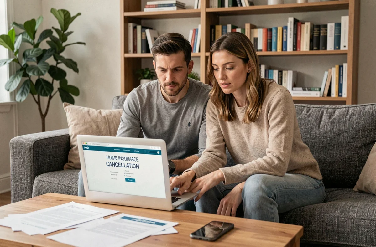 Couple consultant un formulaire de résiliation d'assurance habitation en ligne sur un canapé