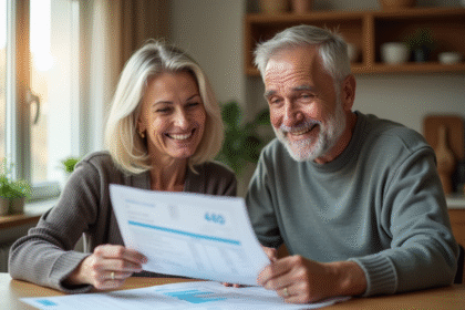 Couple souriant vérifiant factures et documents fiscaux à la maison