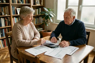 Couple de seniors examinant des documents de simulation viager autour d'une table en bois dans un appartement français