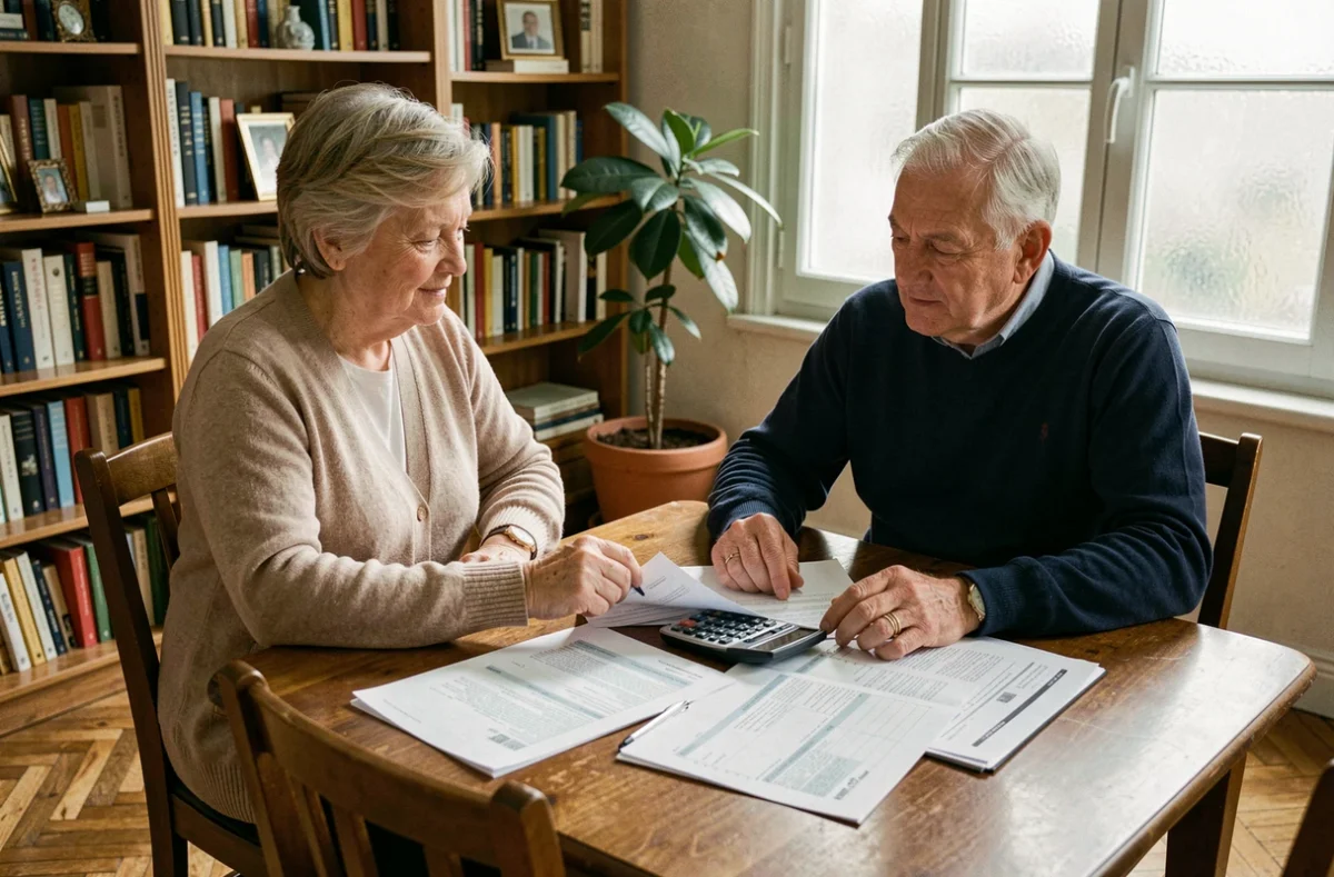 Couple de seniors examinant des documents de simulation viager autour d'une table en bois dans un appartement français