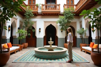 Femme européenne explorant la cour intérieure d'un riad traditionnel à Marrakech avec fontaine en marbre et zellige coloré
