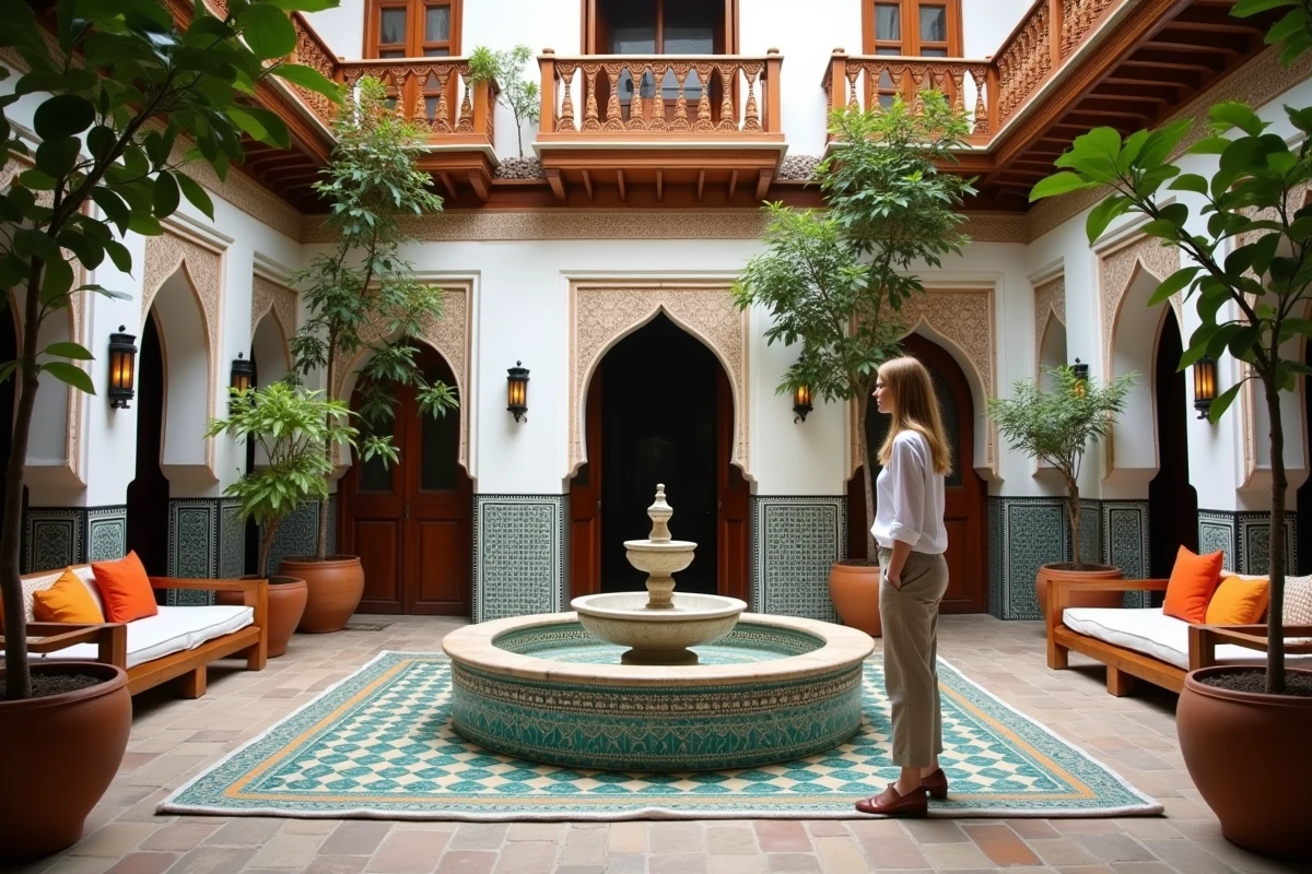 Femme européenne explorant la cour intérieure d'un riad traditionnel à Marrakech avec fontaine en marbre et zellige coloré