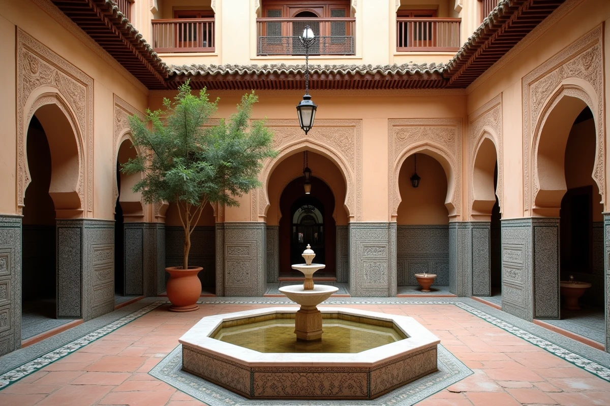 Cour intérieure d'un petit riad traditionnel à Marrakech avec fontaine en marbre et zelliges colorés