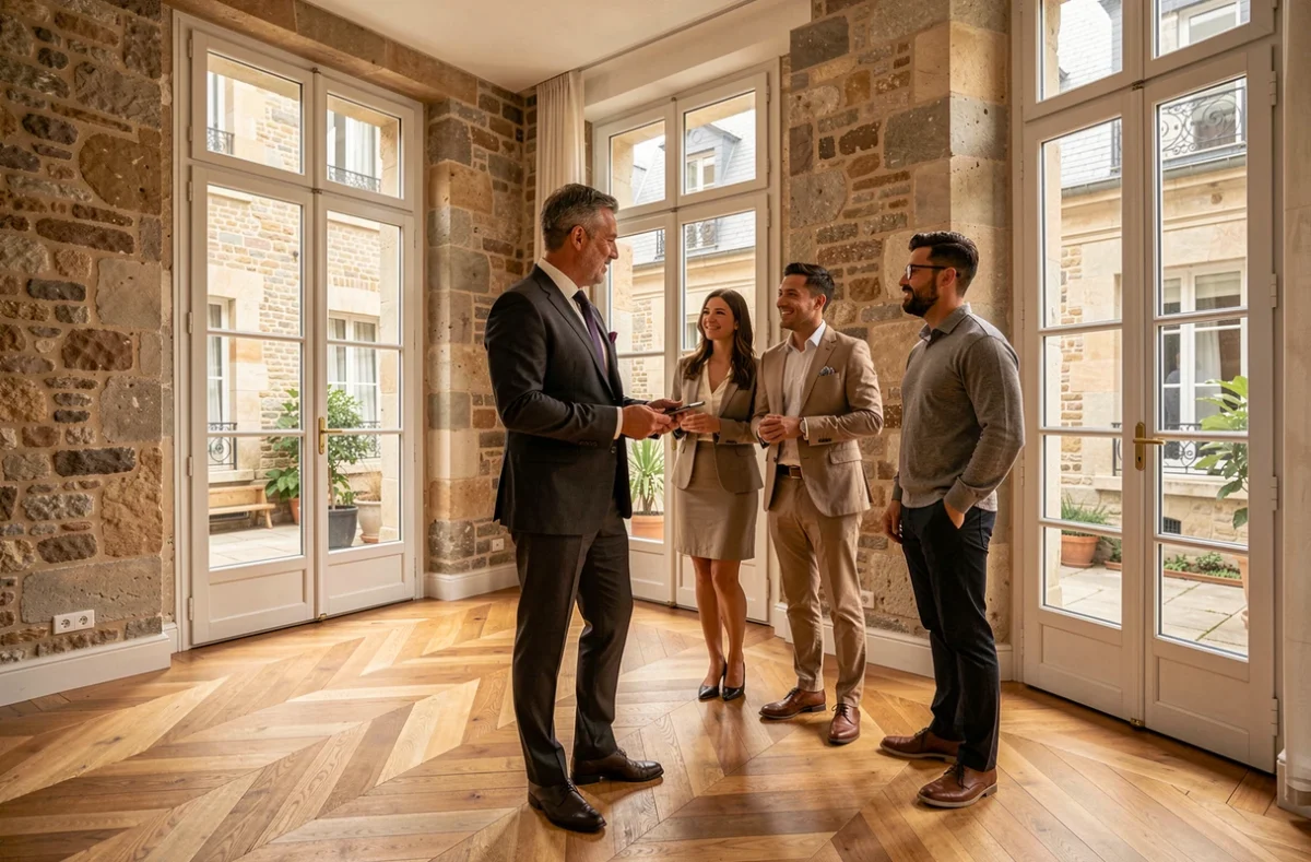 Consultant de De Ferla Immobilier Monge présentant un appartement de luxe à des clients près de la Place Monge à Paris