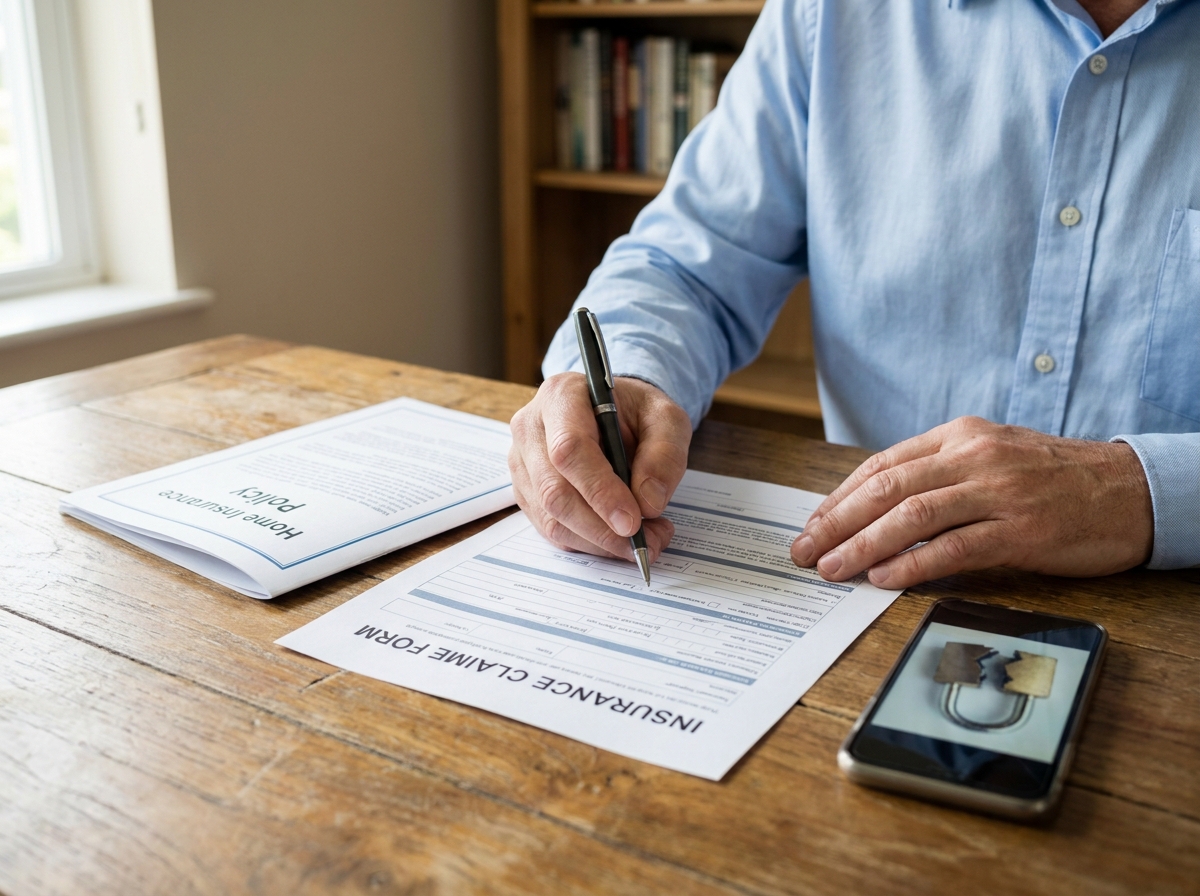 Mains remplissant un formulaire de déclaration de sinistre pour un cambriolage auprès d'une assurance habitation
