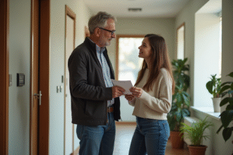 Homme et femme discutant facture dans un appartement