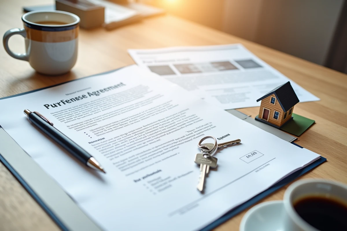 Documents de compromis de vente immobilière neuve avec clés et maquette sur un bureau moderne