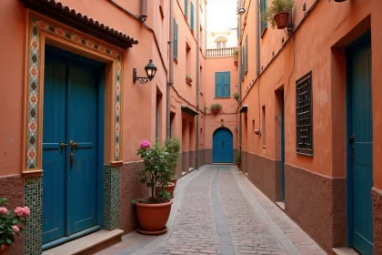 Entrée d'un petit riad à vendre dans la médina de Marrakech avec porte en bois bleue et carreaux de céramique traditionnels