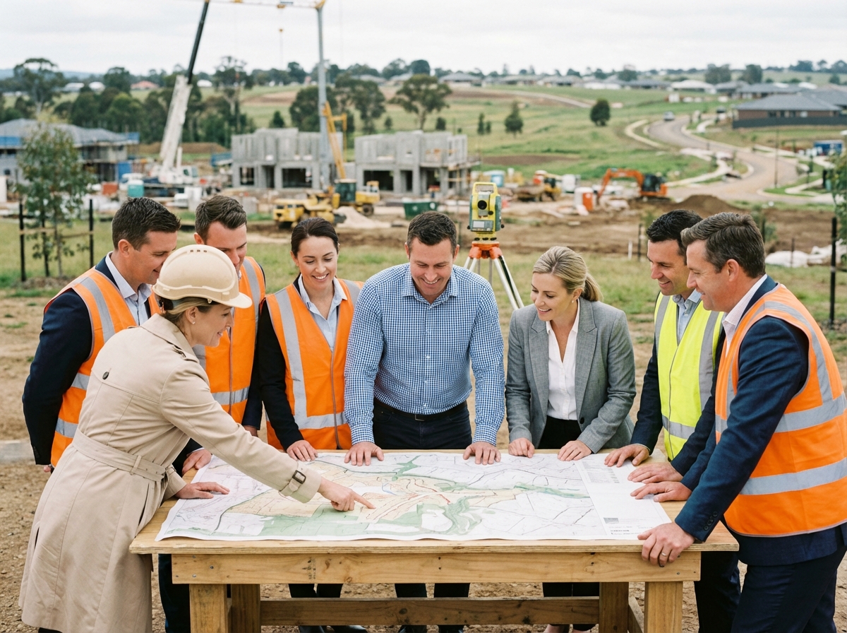 Groupe de promoteurs immobiliers en réunion sur un plan