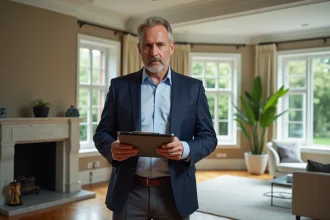 Estimateur immobilier professionnel évaluant une maison de prestige dans un salon moderne et luxueux