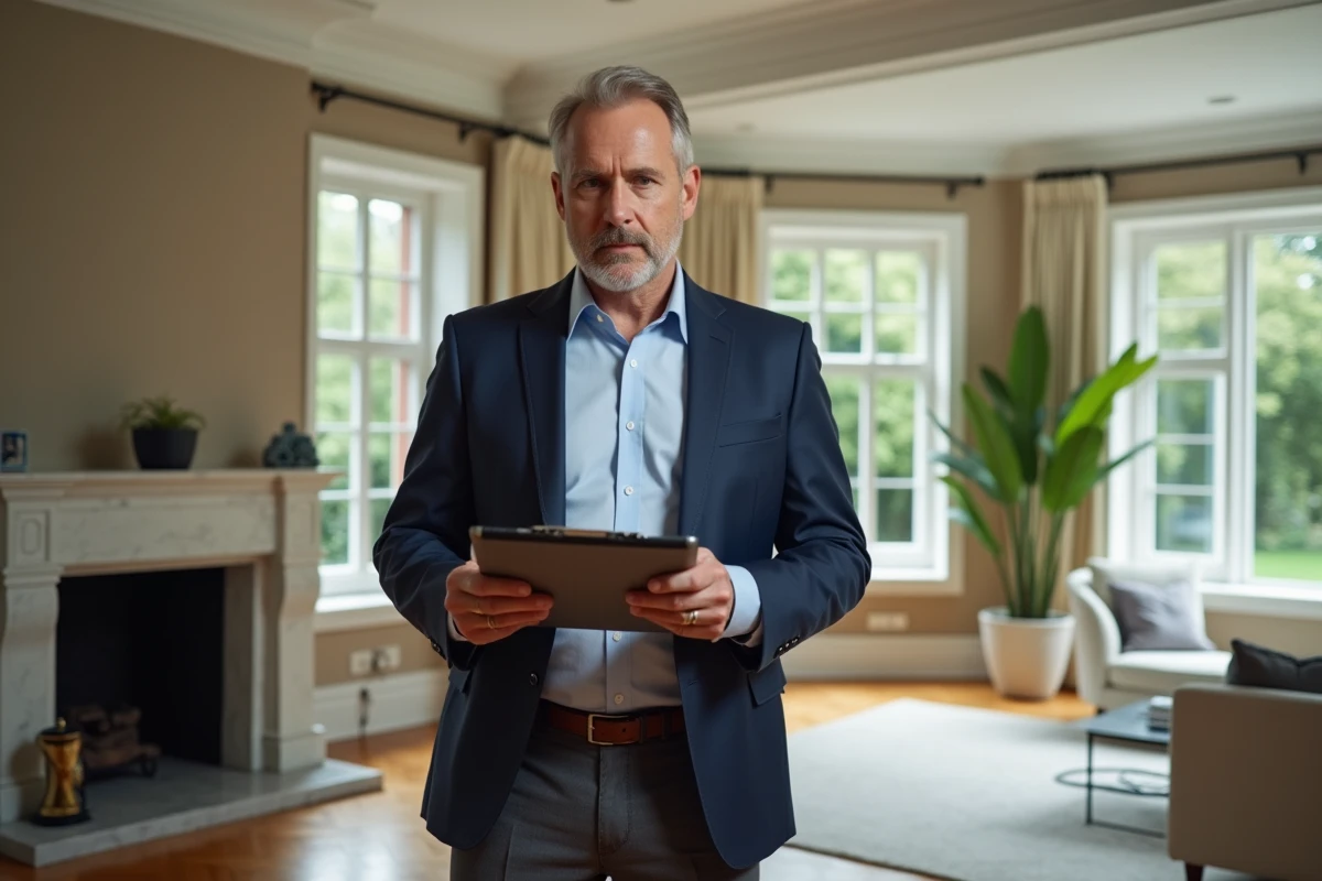 Estimateur immobilier professionnel évaluant une maison de prestige dans un salon moderne et luxueux