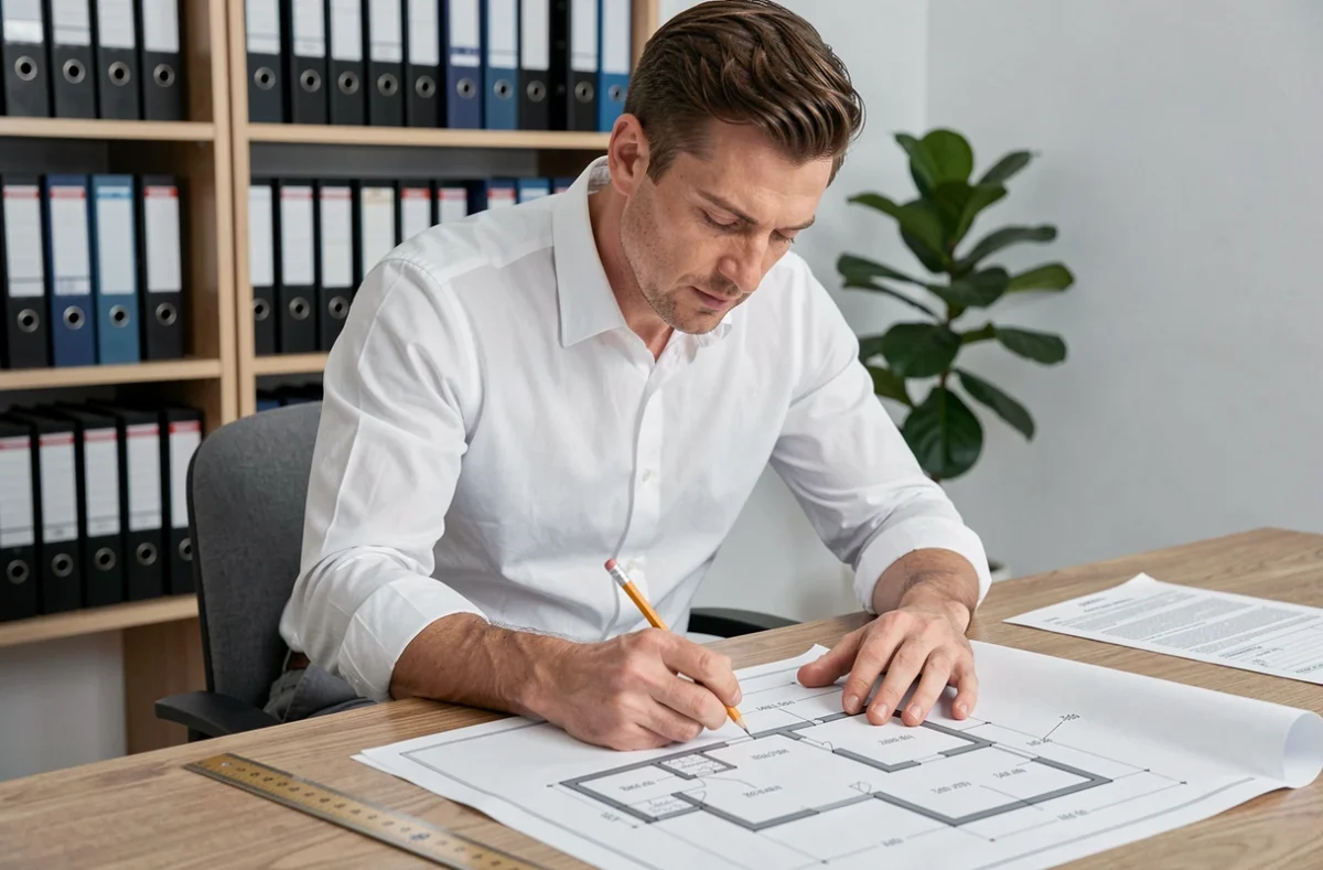 Homme calculant la surface habitable d'une maison sur un plan architectural annoté à la main