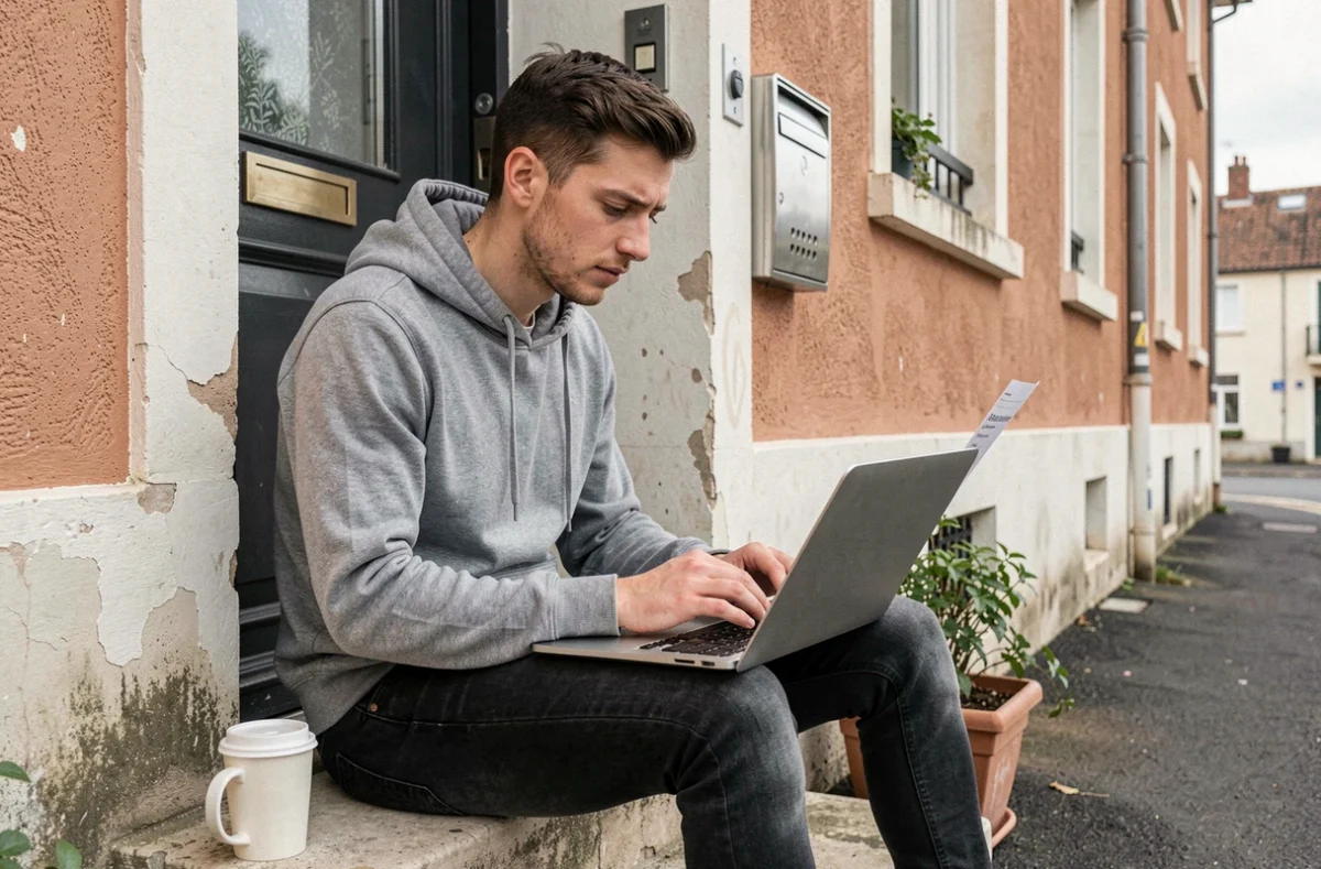 Étudiant recherchant un appartement pas cher en ligne devant un immeuble à La Roche-sur-Yon
