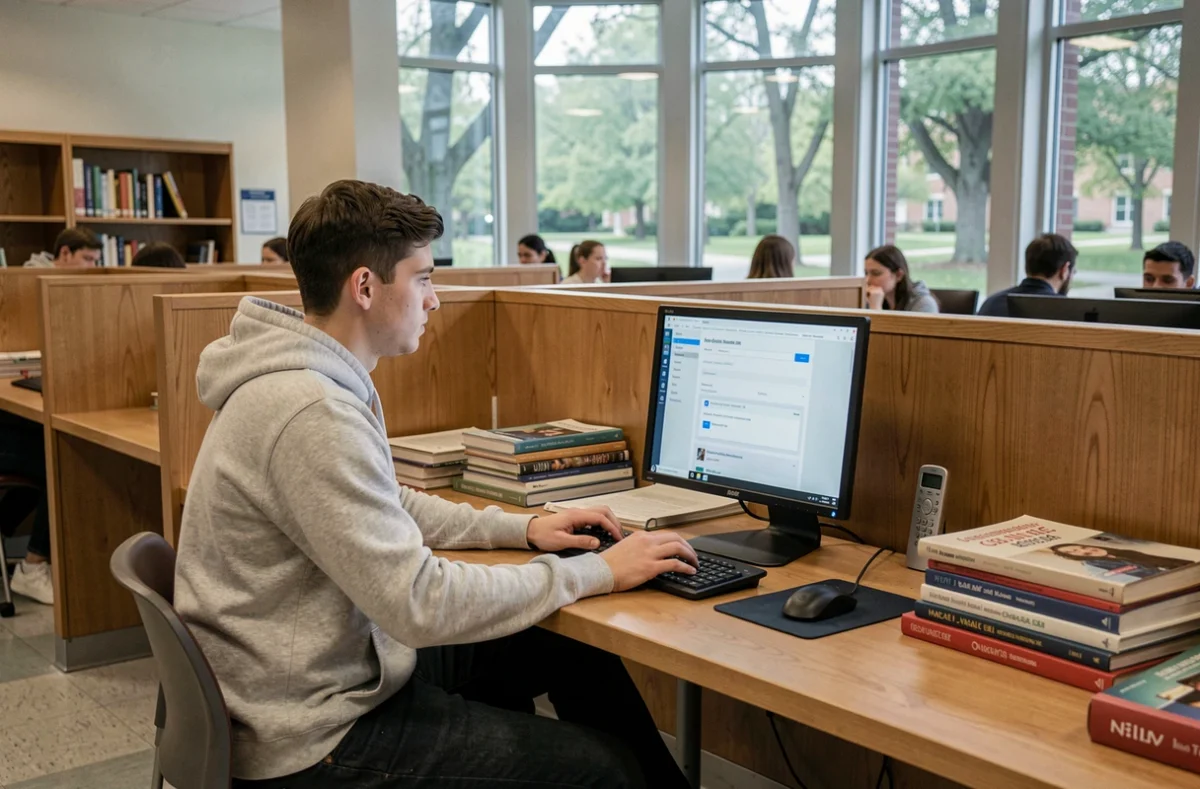 Étudiant connecté à sa messagerie CONVERGENCE sur un ordinateur en bibliothèque universitaire