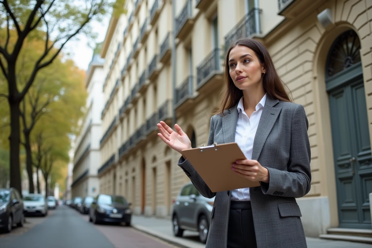 Gestionnaire immobilière évaluant un immeuble résidentiel haussmannien dans le cadre d'une analyse de rentabilité IDR en milieu urbain