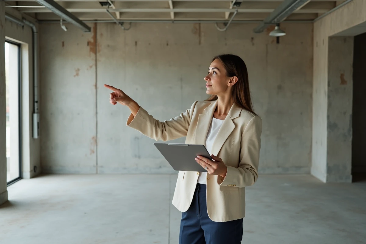 Femme professionnelle évaluant le prix au m² d'un garage en construction lors d'une visite de chantier