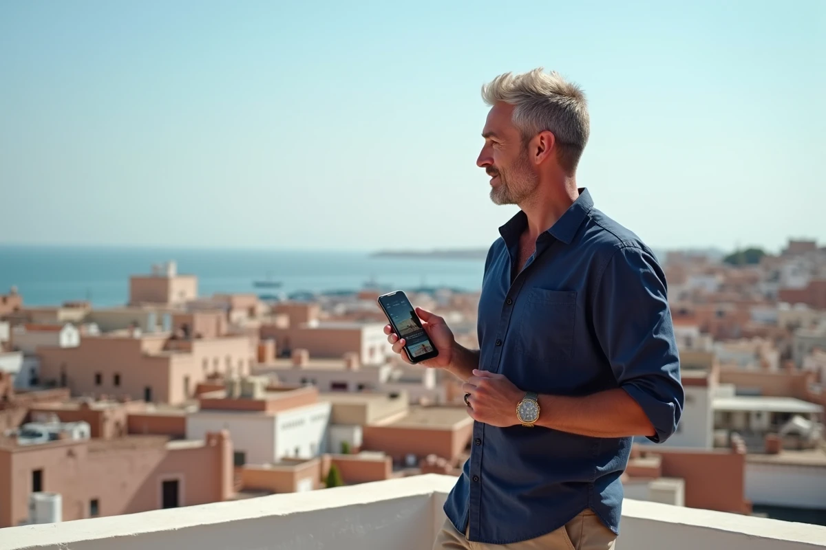 Expatrié recherchant un appartement en location longue durée à Essaouira depuis une terrasse avec vue sur la médina