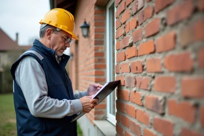 Expert bâtiment inspectant les fissures sur le mur extérieur d'une maison construite par un particulier