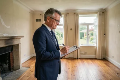 Expert immobilier en costume marine prenant des notes dans un salon de maison sous tutelle pour estimer le prix de vente