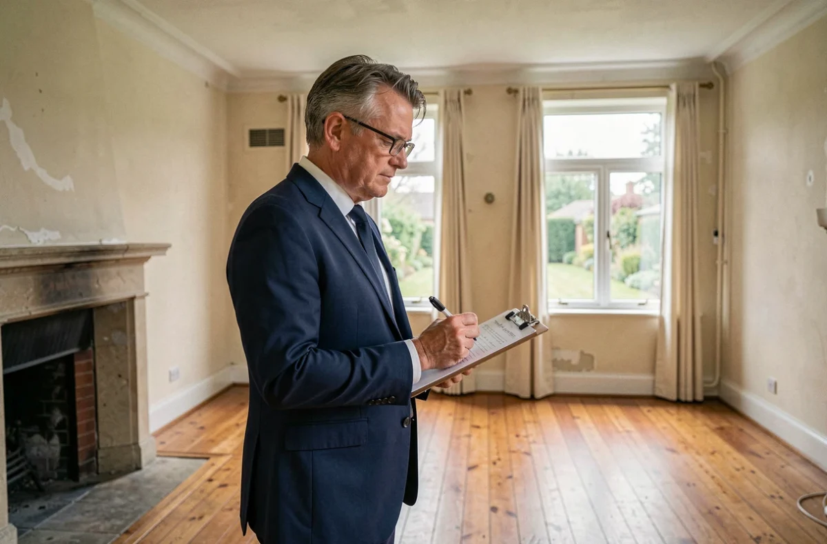 Expert immobilier en costume marine prenant des notes dans un salon de maison sous tutelle pour estimer le prix de vente