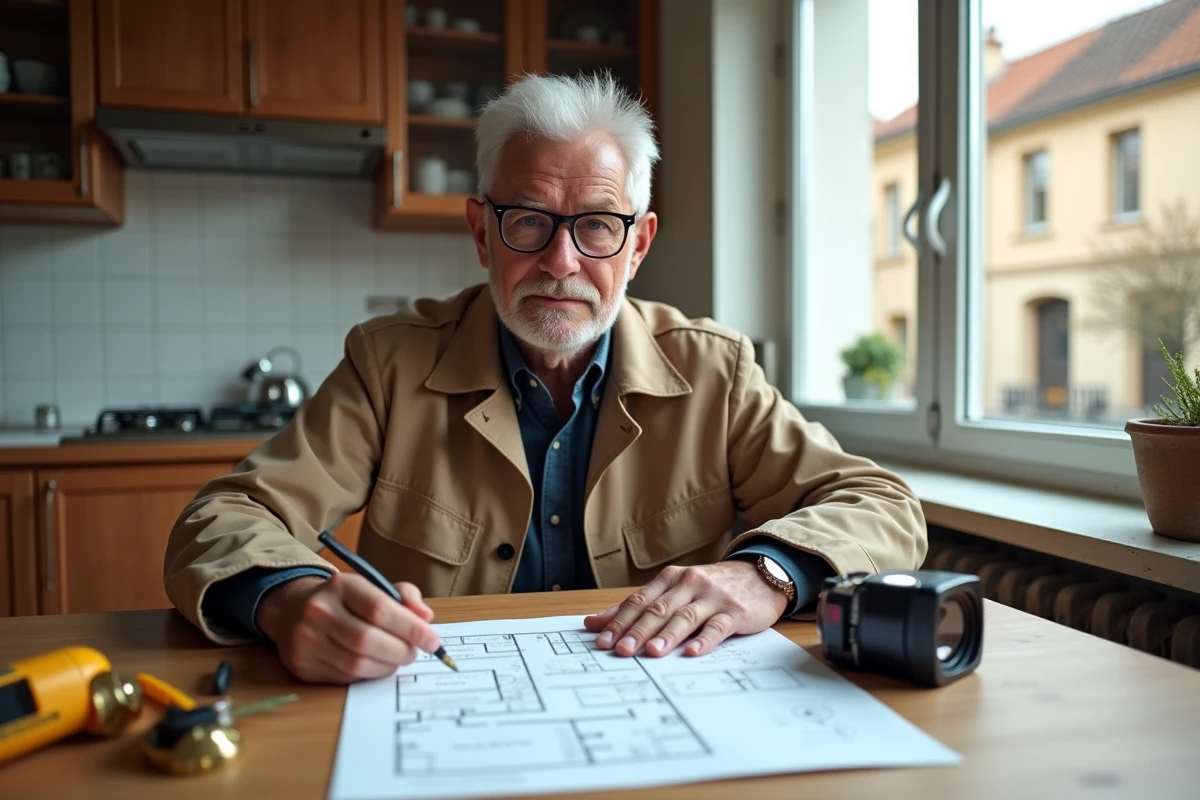 Expert bâtiment analysant le rapport d'inspection technique d'une maison dans la cuisine du bien visité