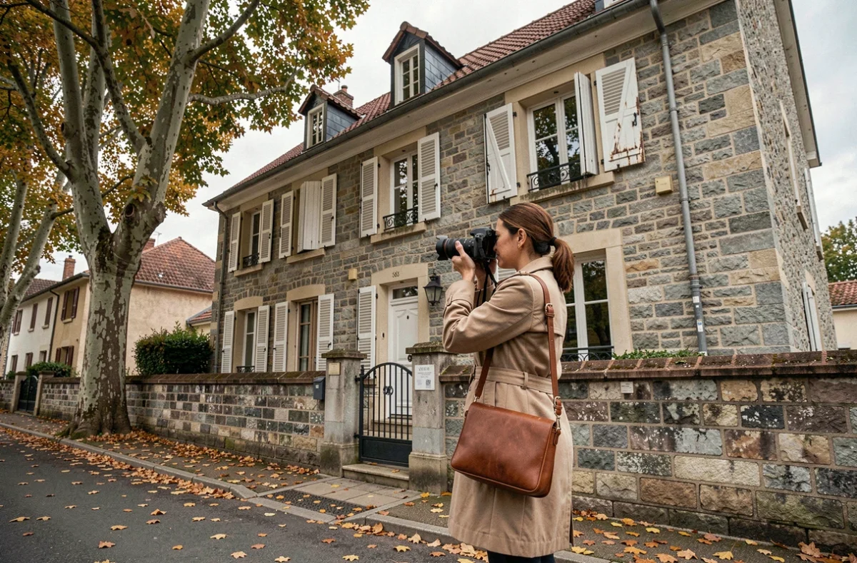Experte immobilière photographiant la façade d'une maison en pierre pour son rapport d'évaluation dans le cadre d'une vente sous tutelle