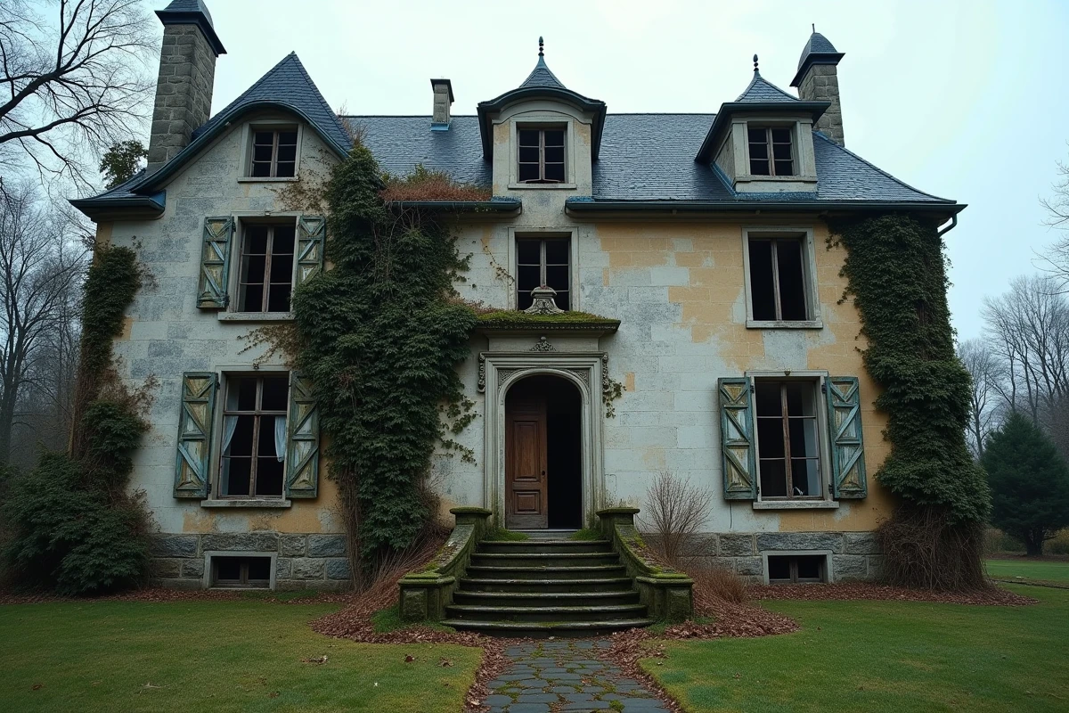 Façade d'un manoir abandonné à vendre envahi par le lierre avec toiture effondrée et volets brisés