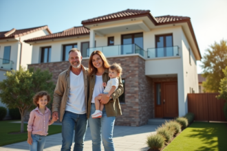 Famille devant maison moderne avec jardin et façade en brique