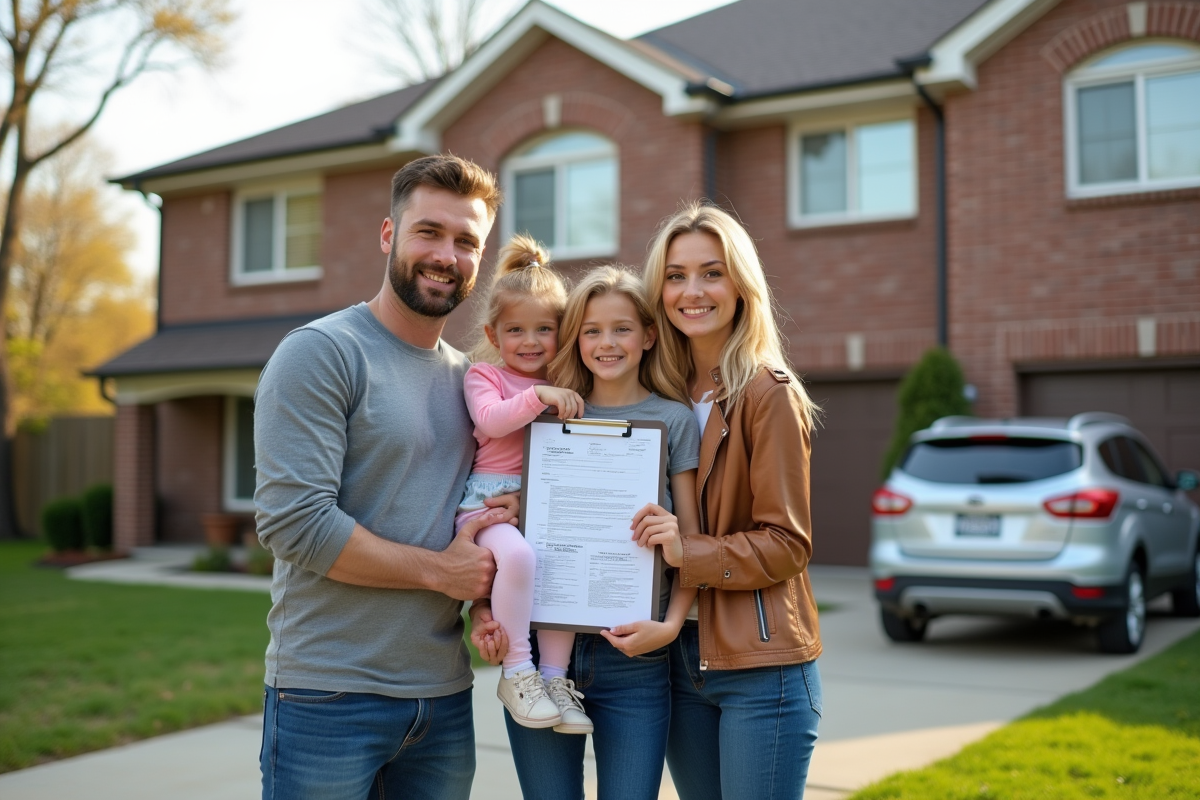Famille souriante devant leur maison de banlieue