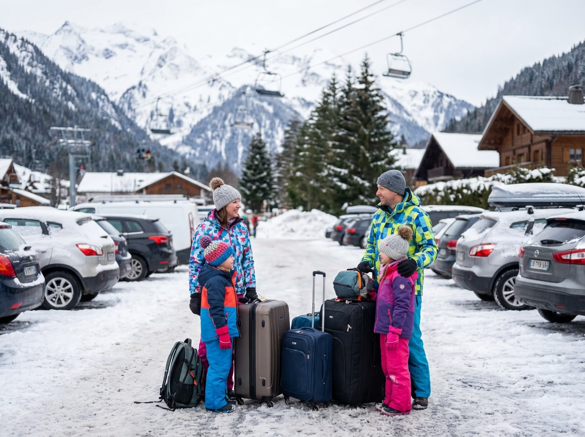 Famille en ski avec valises à Morzine en hiver