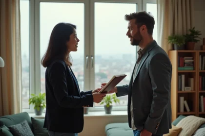 Femme d'âge moyen remettant un dossier à un jeune homme dans un appartement