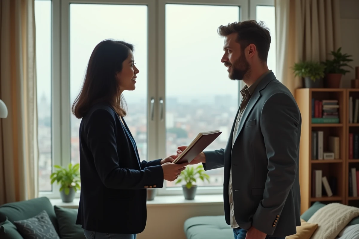 Femme d'âge moyen remettant un dossier à un jeune homme dans un appartement