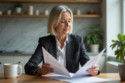 Femme d'affaires examinant un contrat d'assurance à la maison
