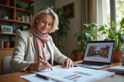 Femme d'affaires examinant documents immobiliers pour riad
