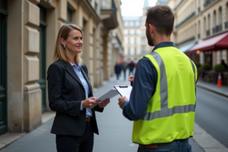 Femme d'affaires parlant avec un agent municipal à Paris