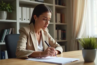 Femme examinant un avis favorable de commission d'attribution de logement à son bureau