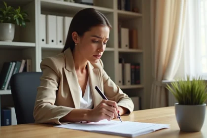 Femme examinant un avis favorable de commission d'attribution de logement à son bureau