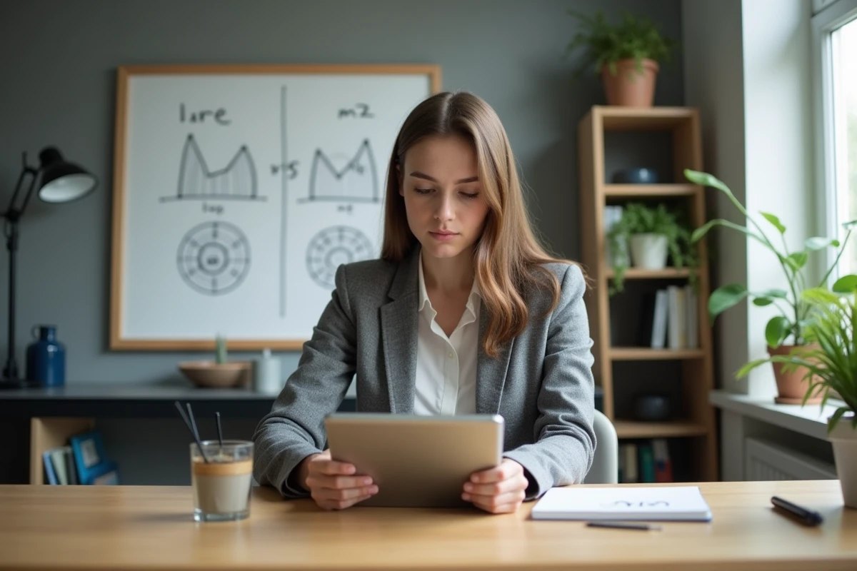 Jeune femme analysant des calculs de surface sur une tablette