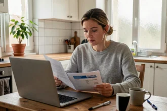 Femme comparant des devis d'assurance habitation sur un ordinateur portable dans une cuisine moderne