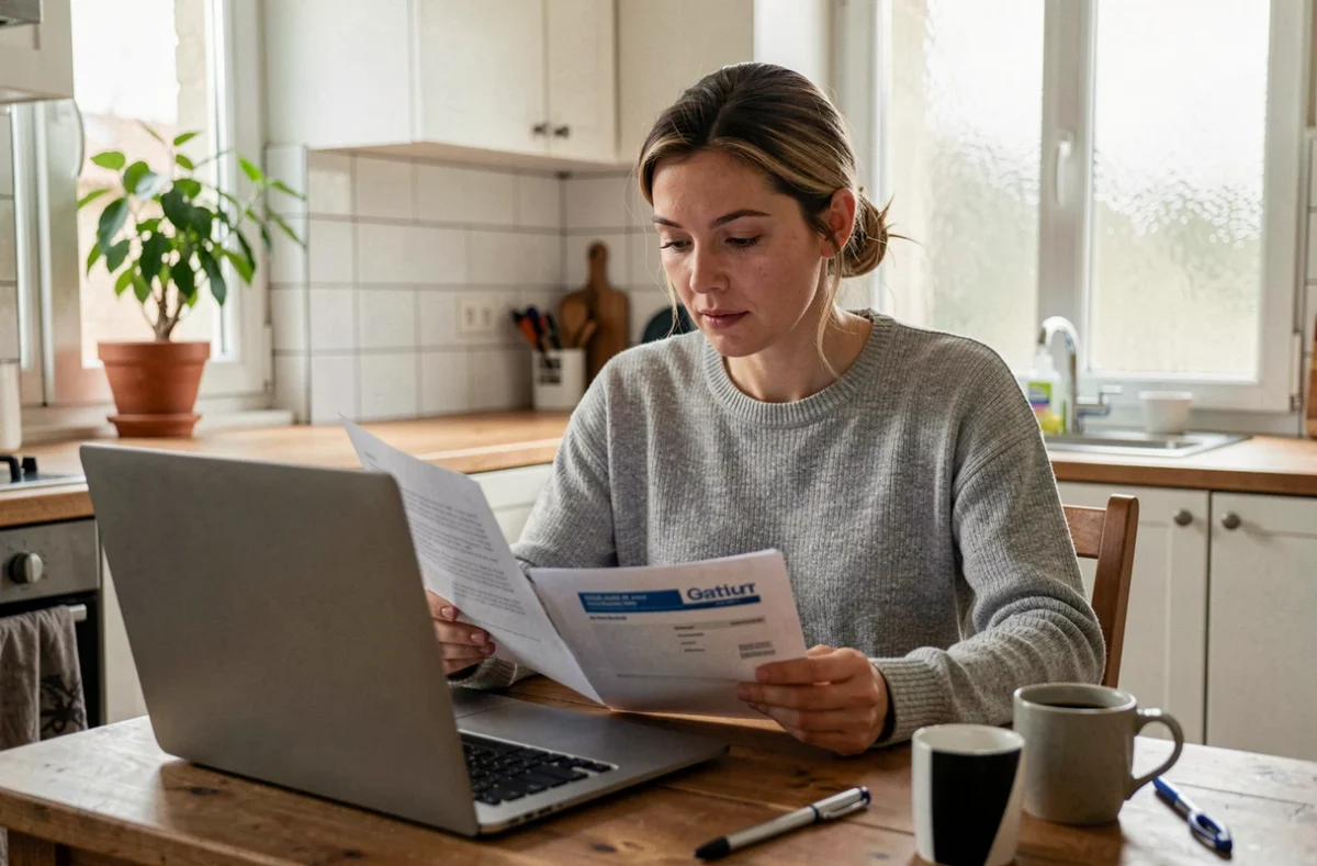 Femme comparant des devis d'assurance habitation sur un ordinateur portable dans une cuisine moderne