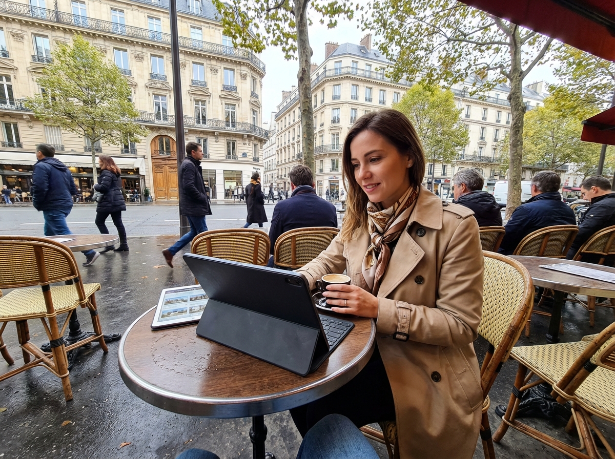 Femme regardant des annonces immobilières dans un café parisien