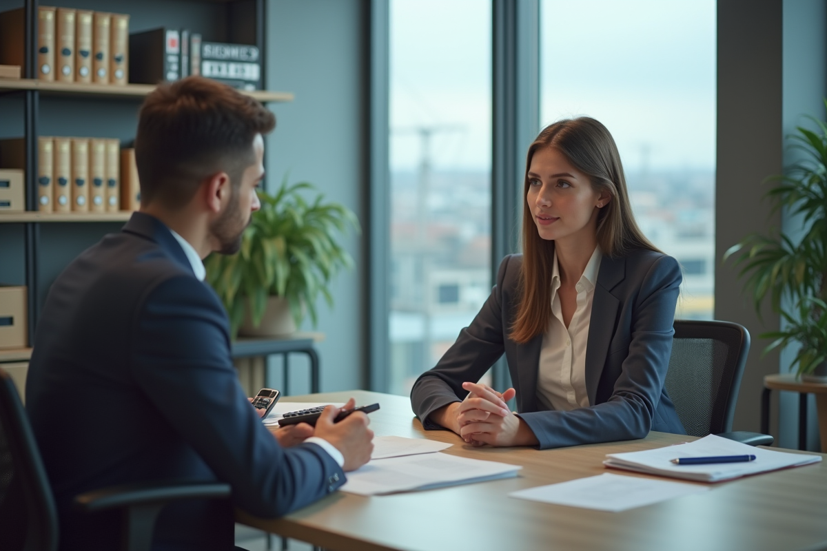 Jeune femme avec un calculateur consultante avec un banquier dans un bureau moderne
