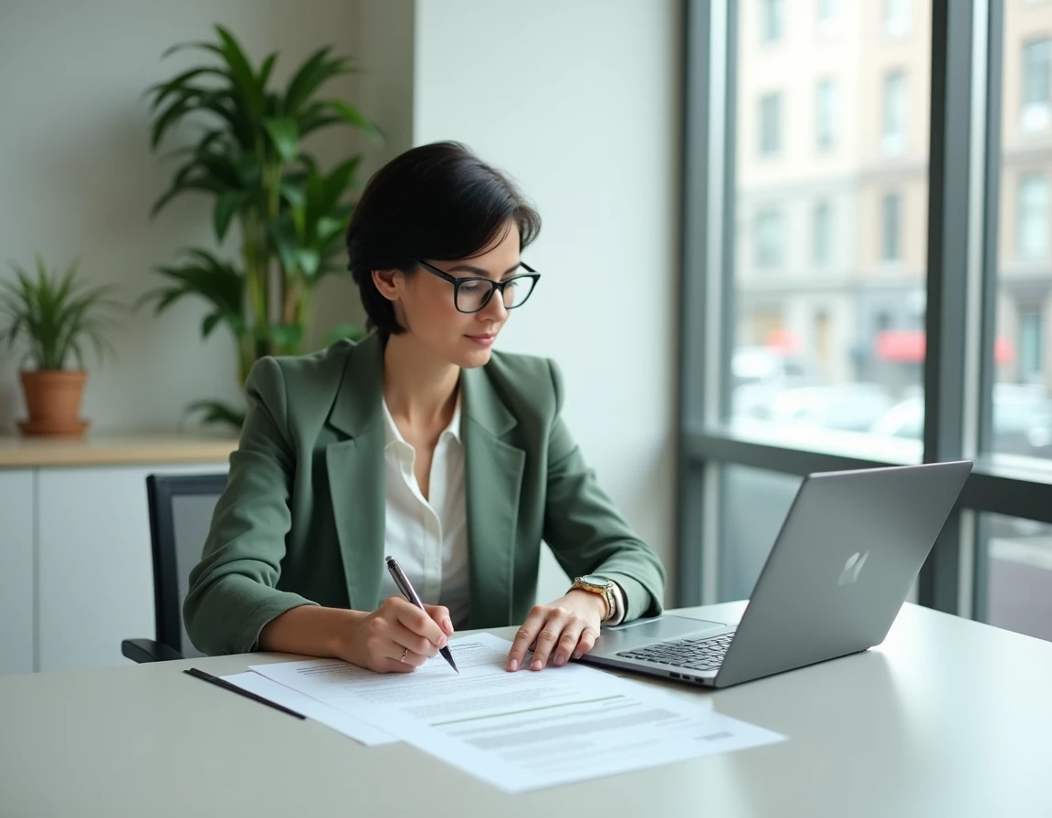 Femme consultant des documents immobiliers lors d'une consultation gratuite chez le notaire