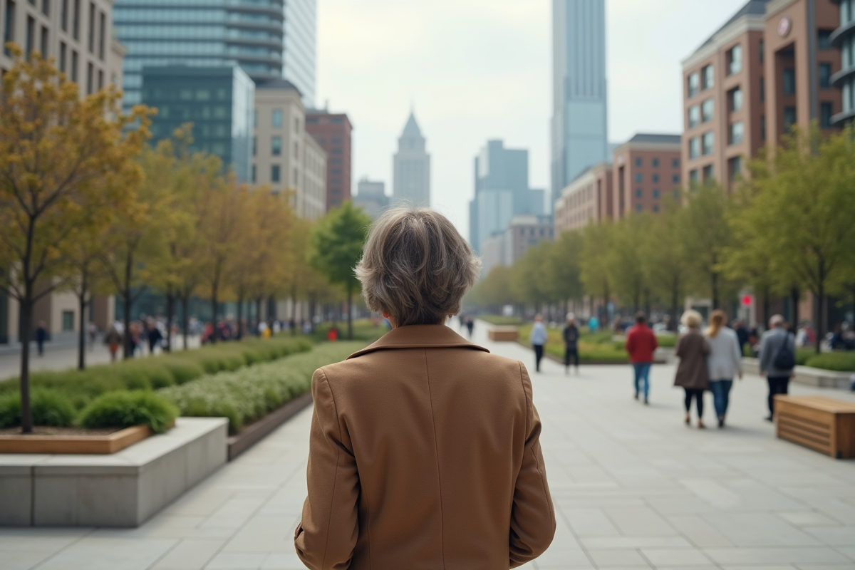 Femme observant un parc urbain en pleine transformation