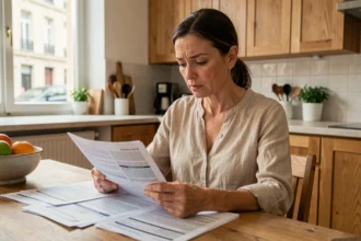 Femme lisant un contrat d'assurance habitation à sa table de cuisine, documents éparpillés, expression concentrée
